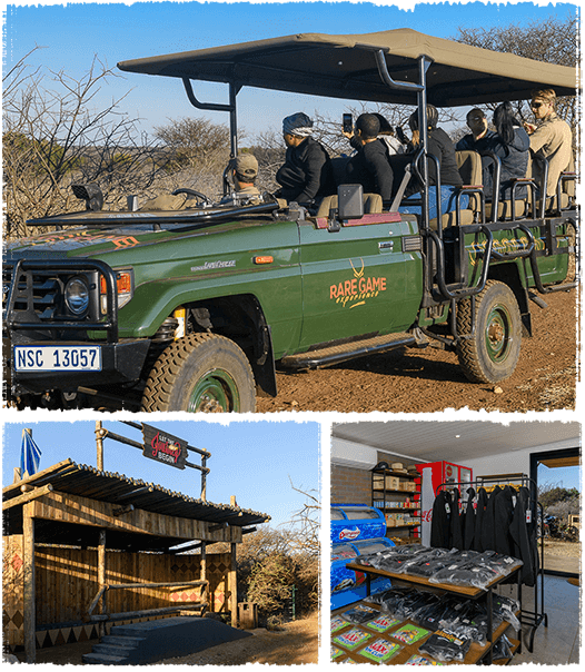 Collage of 3 images, the interior of the adventure centre, the pick up point and a game vehicle full of visitors